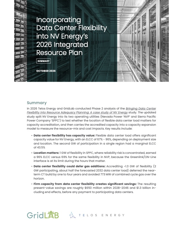 Incorporating Data Center Flexibility into NV Energy’s 2026 Integrated Resource Plan, summary cover